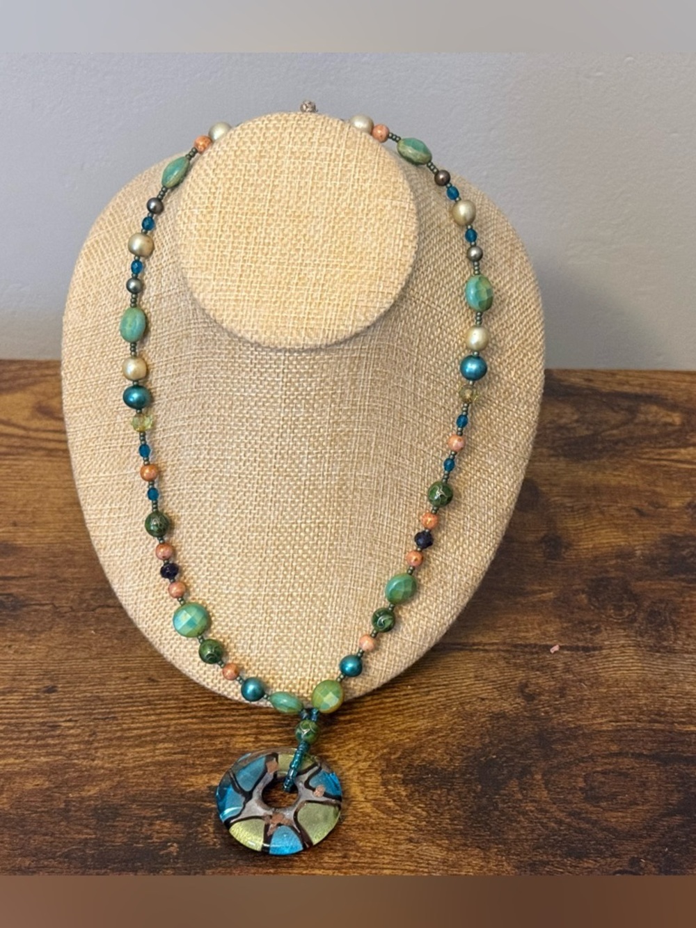 Genuine  Pearl/Jadeite Beaded Glass Blown Pendant Necklace